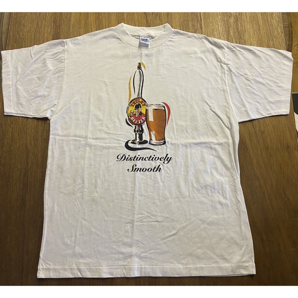 Vintage Tetley Bitter Distinctly Smooth White Graphic Tee Blue Rain Men's XL